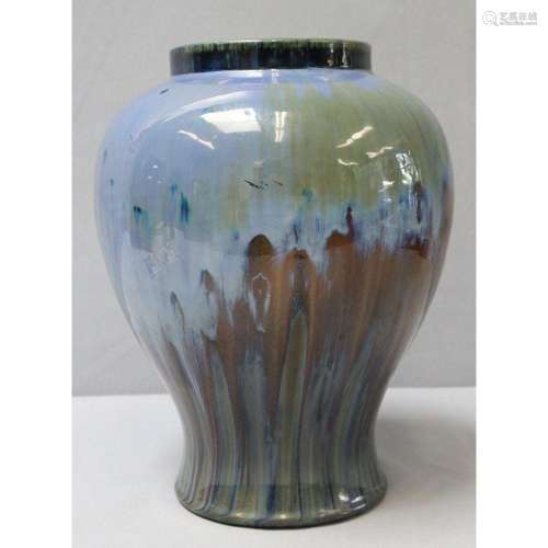 A Large Fulper Vase In Blue Drip Glaze.