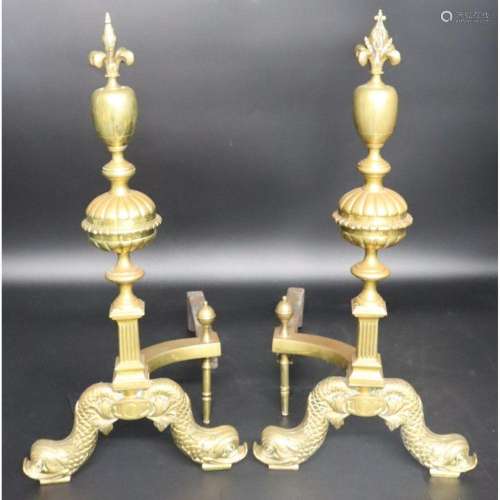 A Pair Of Antique Brass Andirons.