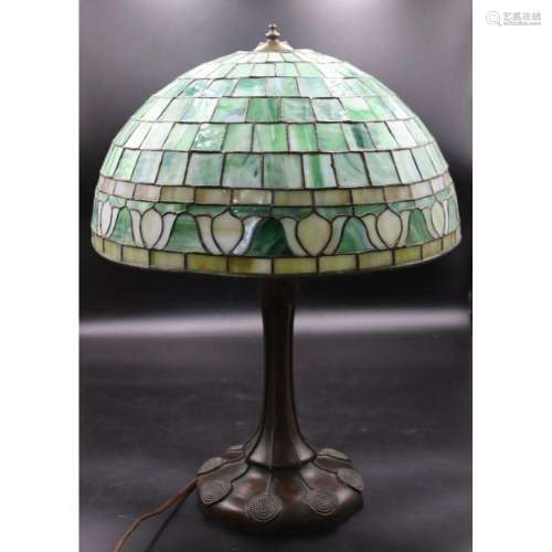 Antique Bronze & Leaded Glass Table Lamp.
