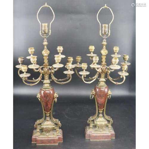 Antique Pair Of Bronze & Rouge Marble Candelabra