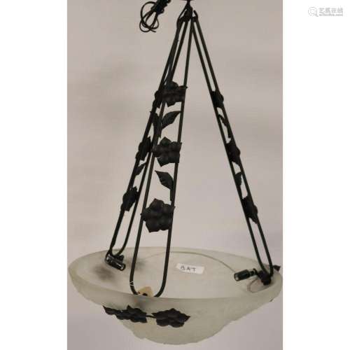 French Art Deco Iron & Frosted Glass Chandelier.