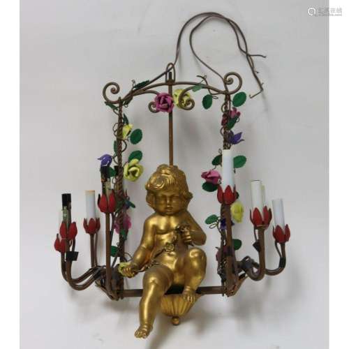 A Tole 10 light Chandelier With Putti.