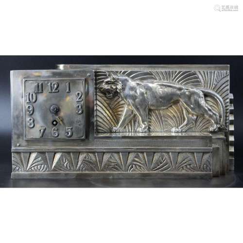 Silvered Bronze Art Deco Clock With Panther.