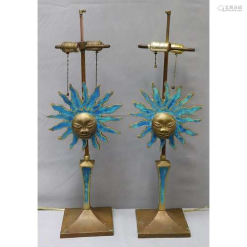 A Pair Of Enameled Bronze Sunburst Lamps.