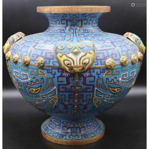 Large Chinese Archaic Style Cloisonne Urn.