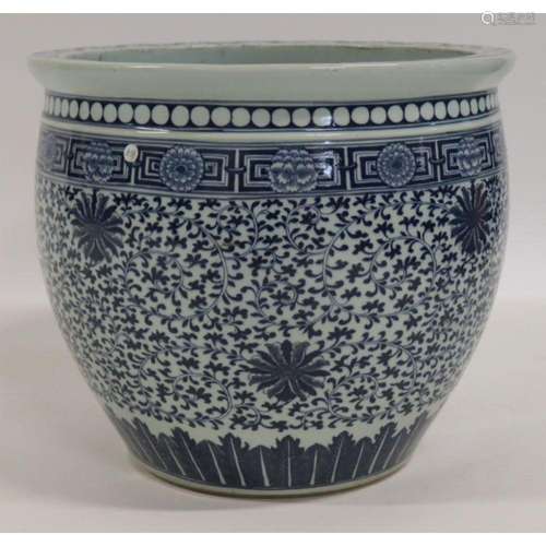 Chinese Blue and White Chrysanthemum Fish Bowl.