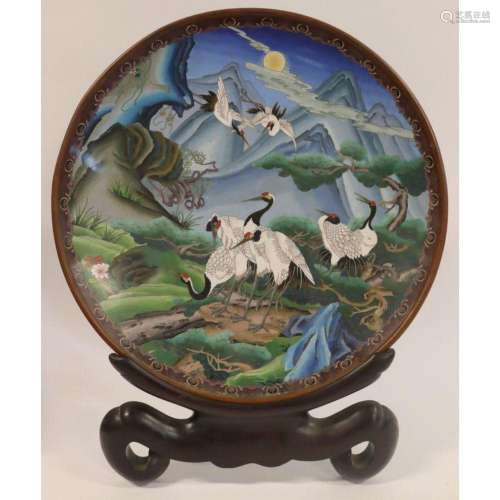 Japanese Cloisonne Charger of Cranes on Stand.