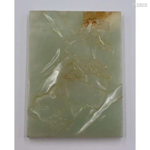 Chinese Carved Celadon Jade Plaque of Trees.