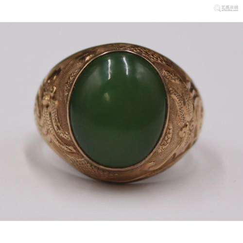 JEWELRY. Chinese 14kt Gold and Jade Cabochon Ring.