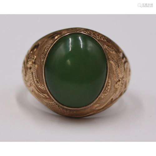 JEWELRY. Chinese 14kt Gold and Jade Cabochon Ring.