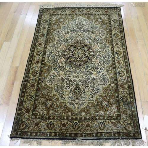 Vintage & Finely Hand Knotted Silk Carpet.