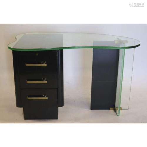 Art Deco Ebonised And Glass Kidney Shape Desk.