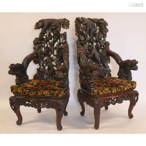 An Antique Pr Of Highly & Finely Carved Arm Chairs