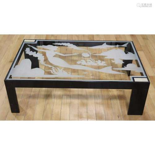 SHEFTS Signed Etched Glass Ebonised Coffee Table.