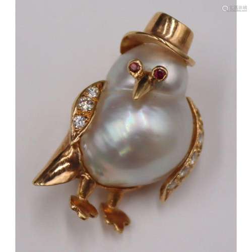 JEWELRY. 18kt Gold Pearl and Diamond Penguin