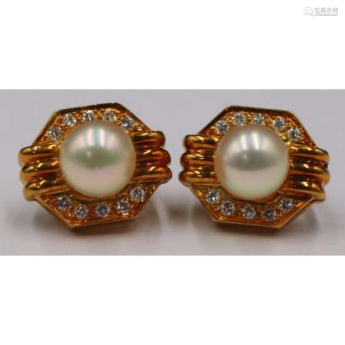 JEWELRY. Pair of 18kt Gold Pearl and Diamond
