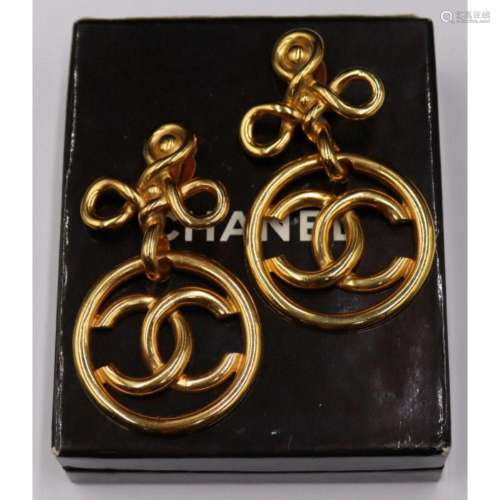JEWELRY. Pair of Large Signed Chanel Logo Earrings
