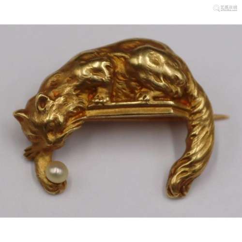 JEWELRY. Signed French 18kt Gold Cat Brooch.