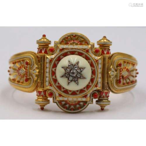 JEWELRY. Etruscan Revival Diamond and Enamel
