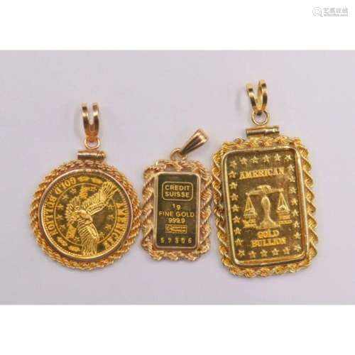 JEWELRY. (3) Assorted Gold Bullion Pendants.