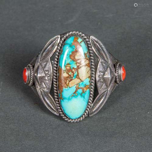 Michael Perry coral, turquoise inlaid silver cuff bracelet, ...
