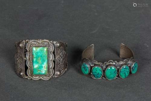 Two turquoise silver cuff bracelets, one signed J
