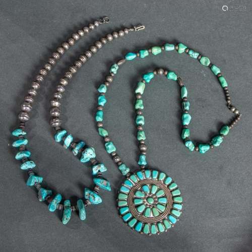 Two Navajo silver and turquoise necklaces