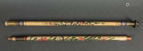 Pair of Spanish Colonial polychrome processional candlestick...