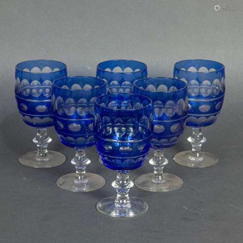 (lot of 6) Val St. Lambert cobalt flashed cut to clear goble...