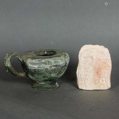 (lot of 2) Grand Tour glass oil lamp and carved stone relief...