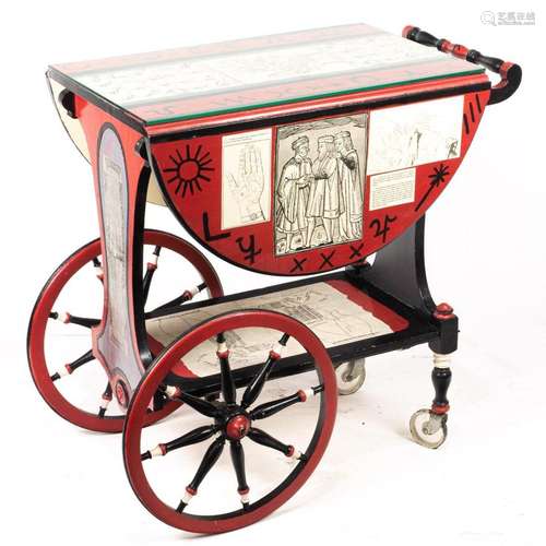 Fornasetti style red painted decoupage bar cart, 29"h x...