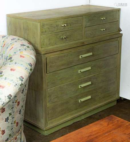 A Modern two part green-painted chest, having a rectangular ...