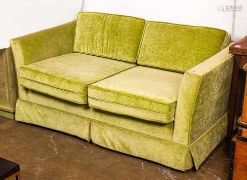 A Modern green upholstered two-seat sofa, 26"h x 60&quo...