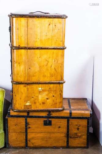 (lot of 2) Trunks, each having a hinged top with patinated m...