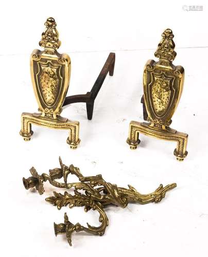 (lot of 4) Spanish Revival brass andirons, together with a p...