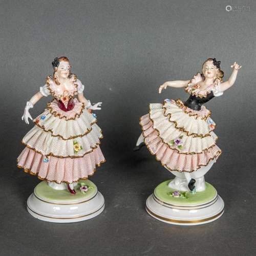 Two German lace encrusted figures of dancers, the greater 7