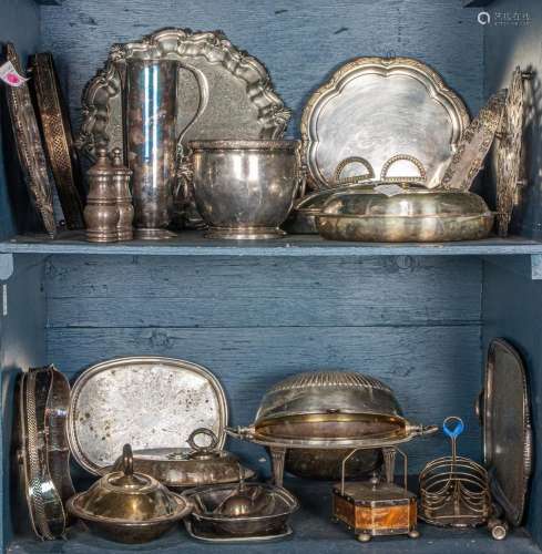 Two shelves of English Sheffield and American silver plate h...