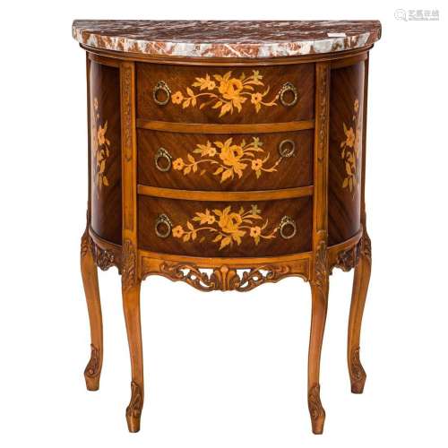 A Louis XV style marquetry side cabinet with rouge marble to...