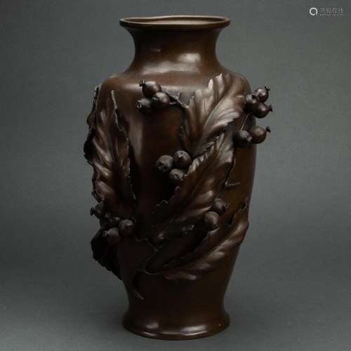 Japanese bronze vase with loquat branches