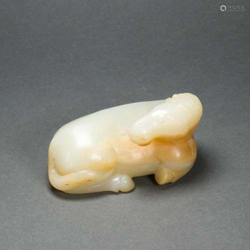 Small chinese celadon jade carving of a recumbent horse