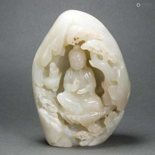 Chinese white jade boulder carving of a landscape