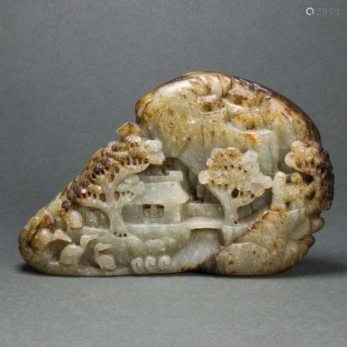 Chinese mottled jade boulder carving of a landscape