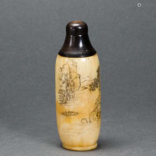 Chinese bone snuff bottle, with incised decoration, height: ...