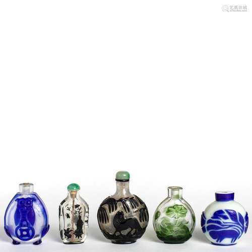 Five Chinese overaly glass snuff bottles