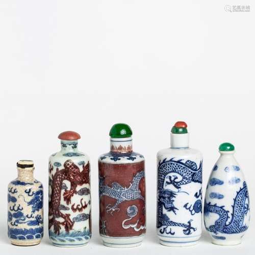 Five Chinese underglaze blue snuff bottles