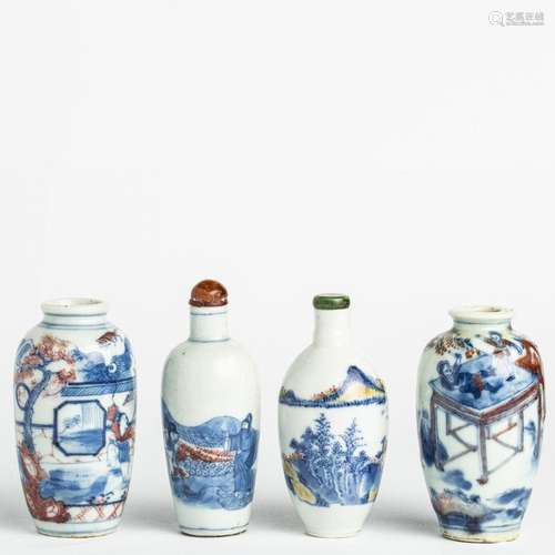 Four Chinese underglaze blue and copper red snuff bottles