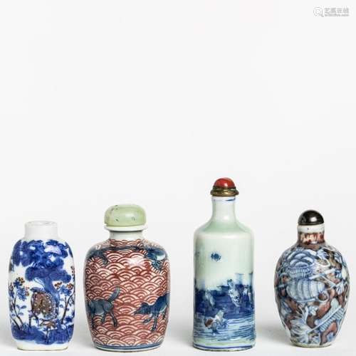 Four Chinese underglaze blue and copper red snuff bottles