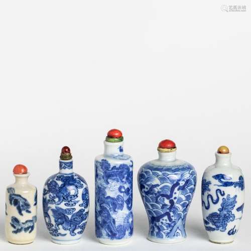 Five Chinese underglaze blue snuff bottles