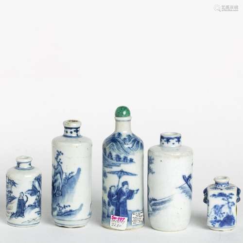 Five Chinese underglaze blue snuff bottles