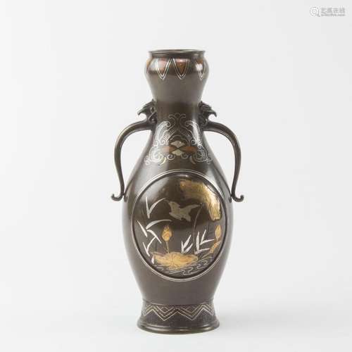 Japanese bronze vase with silver inlay